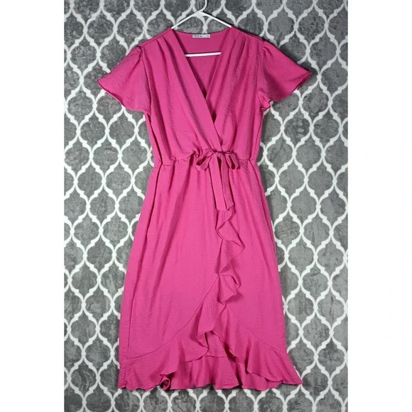 Fraiche by J Wrap Dress Women Large Pink Midi Ruffle Short Sleeve - Picture 3 of 10